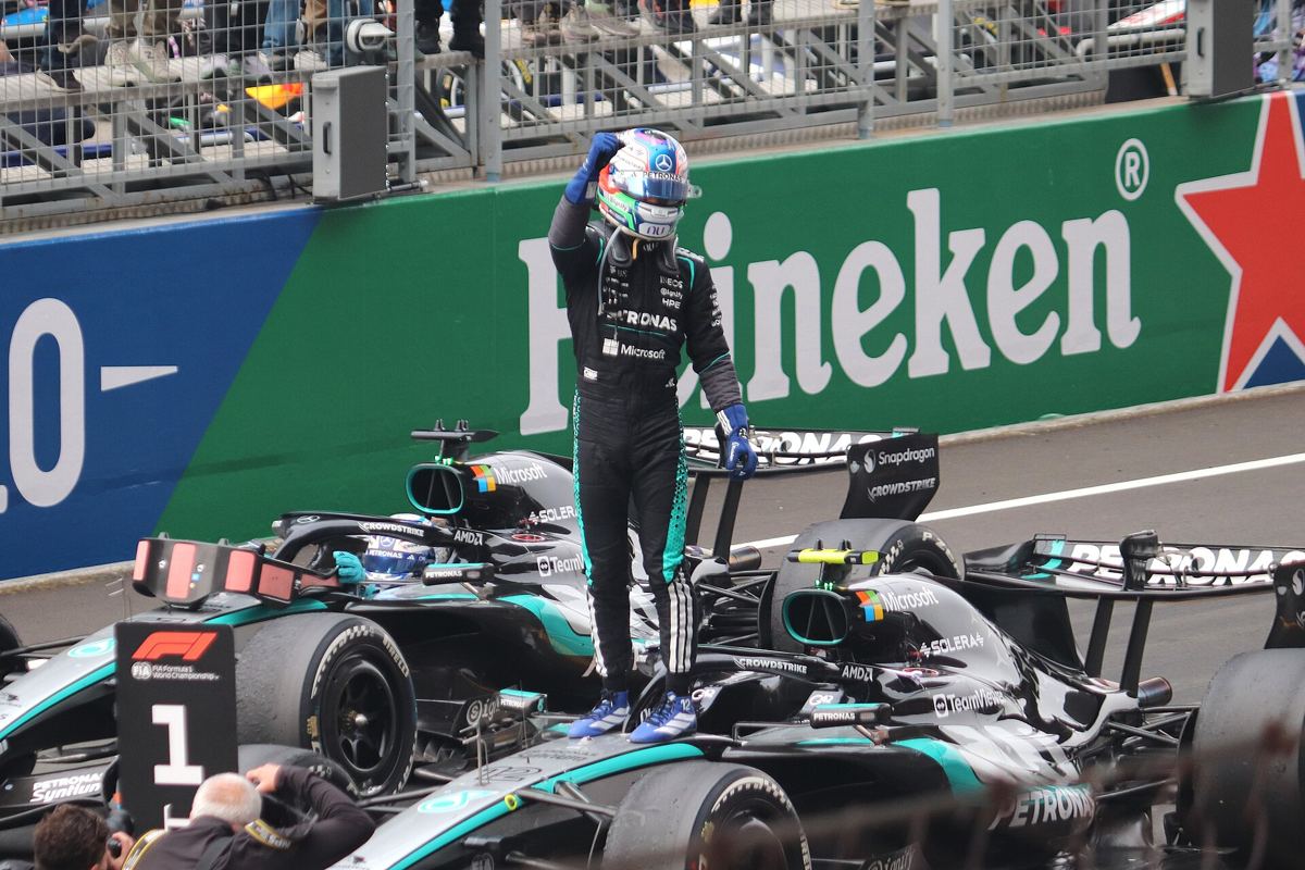 Kimi Antonelli celebrates after a race